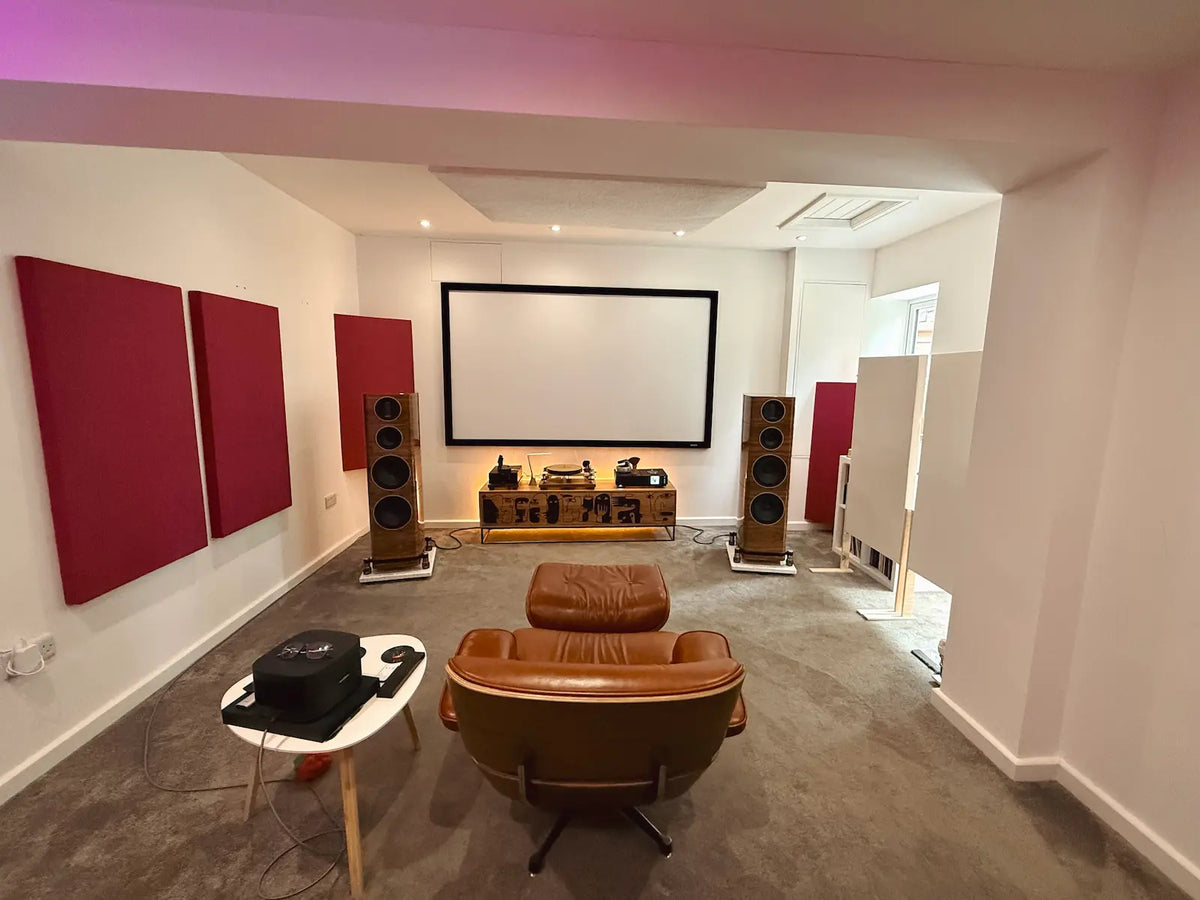 Listening room with orchid acoustic panels, speakers and freestanding treatment