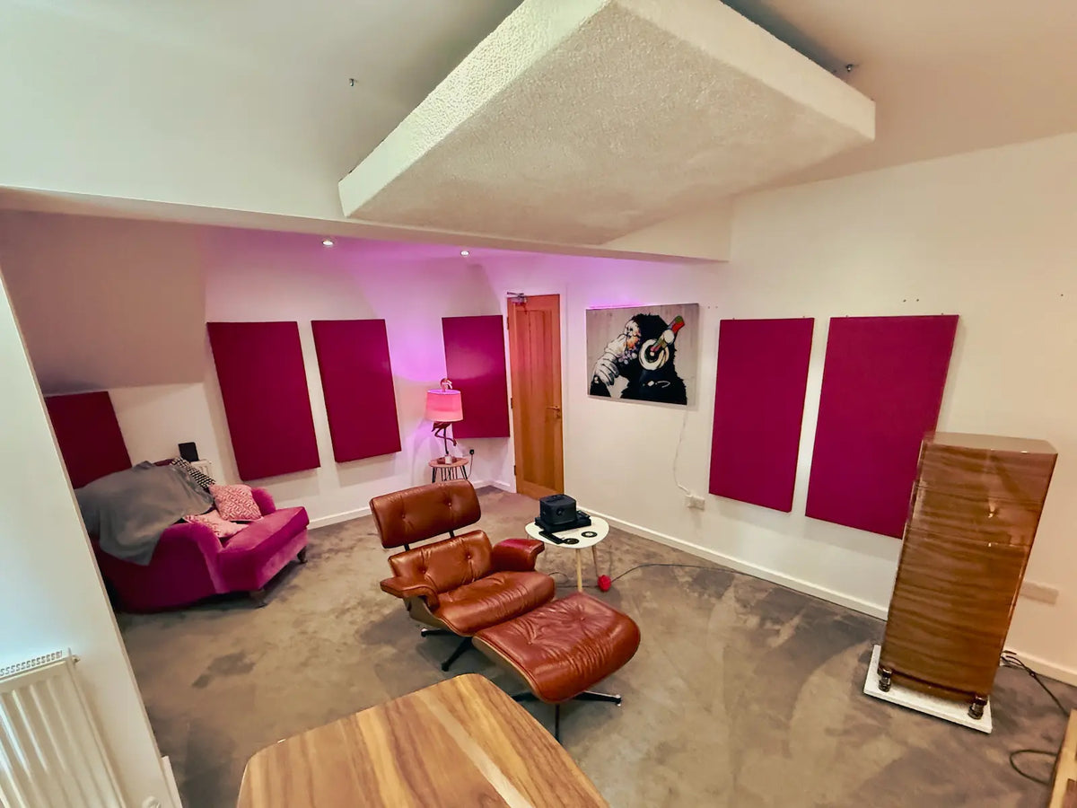 Listening room with orchid wall panels and ceiling cloud