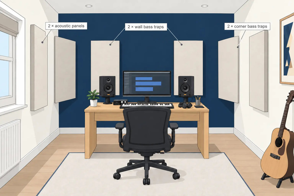 Studio Balance layout with two acoustic panels, two wall bass traps and two corner bass traps mounted across the front corners.