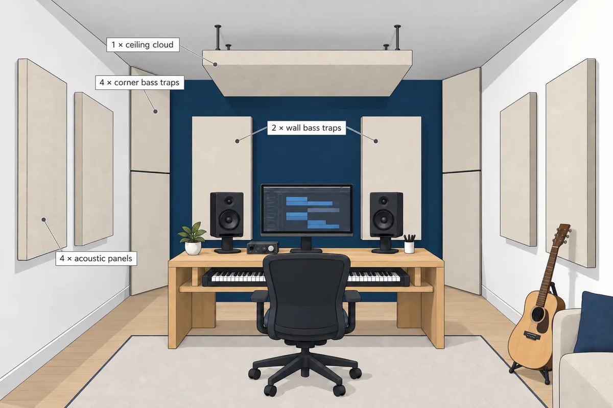 Studio Complete layout with four acoustic panels, two wall bass traps, four corner bass traps and one suspended ceiling cloud.