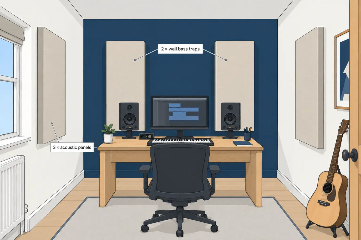 Studio Essentials layout with two side-wall acoustic panels and two wall bass traps behind the monitors.
